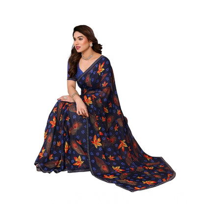 Generic Women's Georgette Printed Saree With Unstitched Blouse 5.5Mtr (Blue)