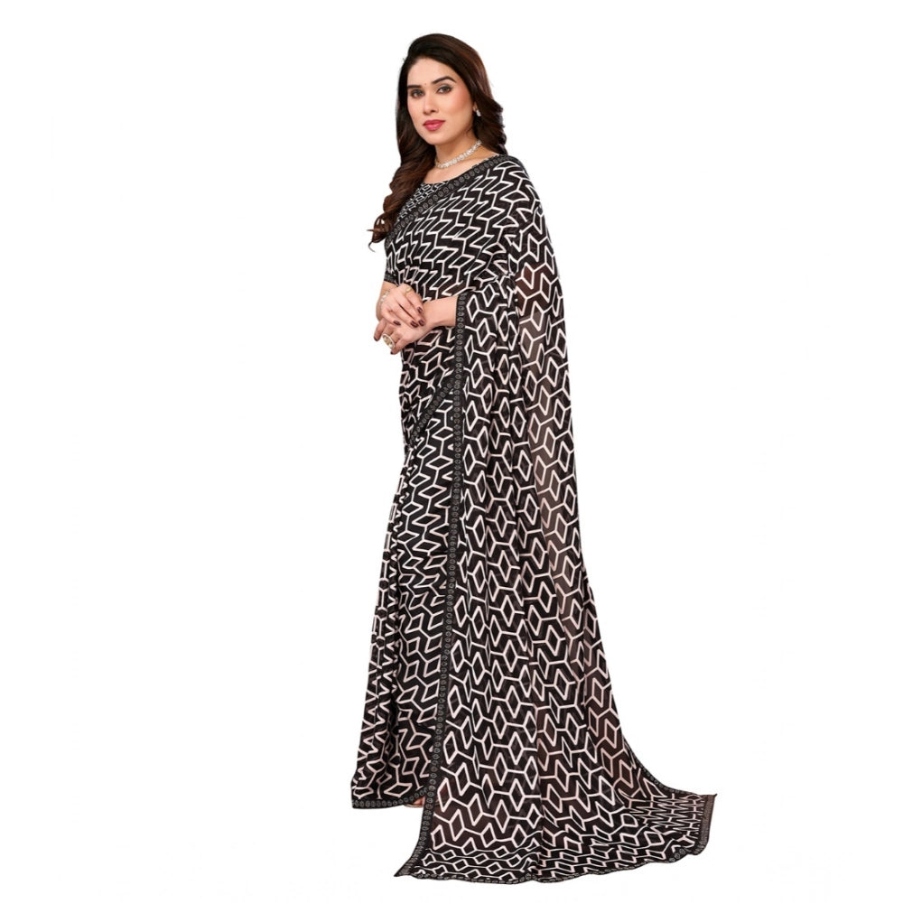 Generic Women's Georgette Printed Saree With Unstitched Blouse 5.5Mtr (Black)