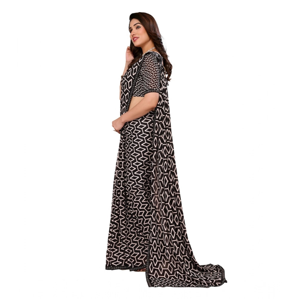 Generic Women's Georgette Printed Saree With Unstitched Blouse 5.5Mtr (Black)