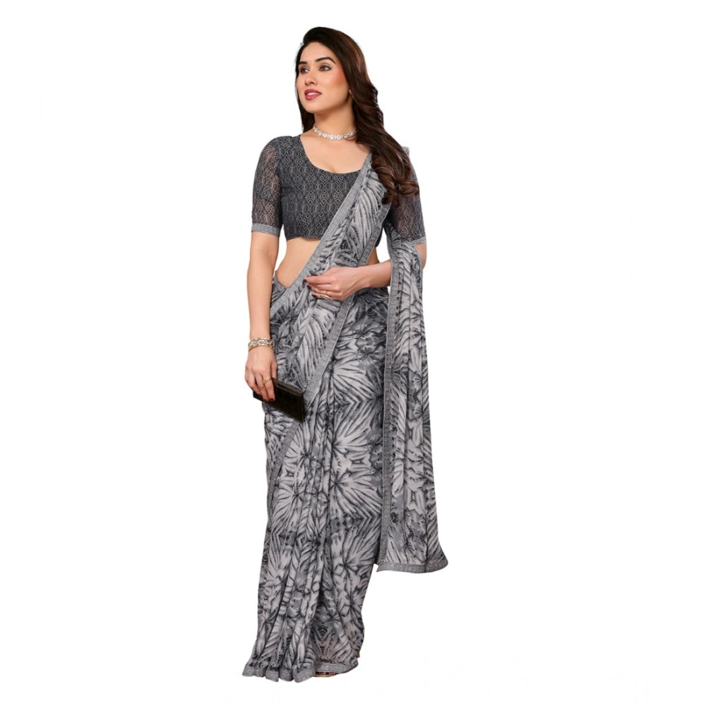Generic Women's Georgette Printed Saree With Unstitched Blouse 5.5Mtr (Grey)
