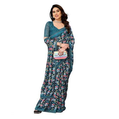 Generic Women's Georgette Printed Saree With Unstitched Blouse 5.5Mtr (Sky Blue)
