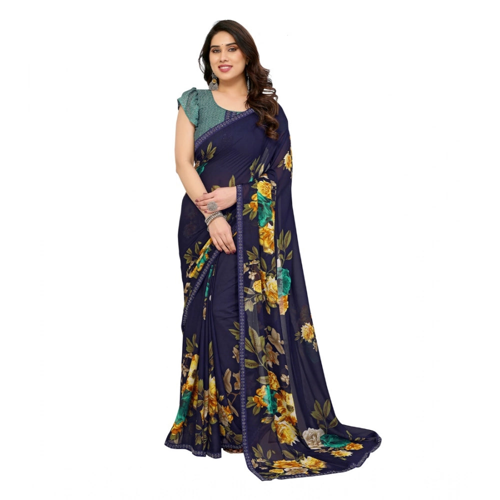 Generic Women's Georgette Printed Saree With Unstitched Blouse 5.5Mtr (Navy Blue)