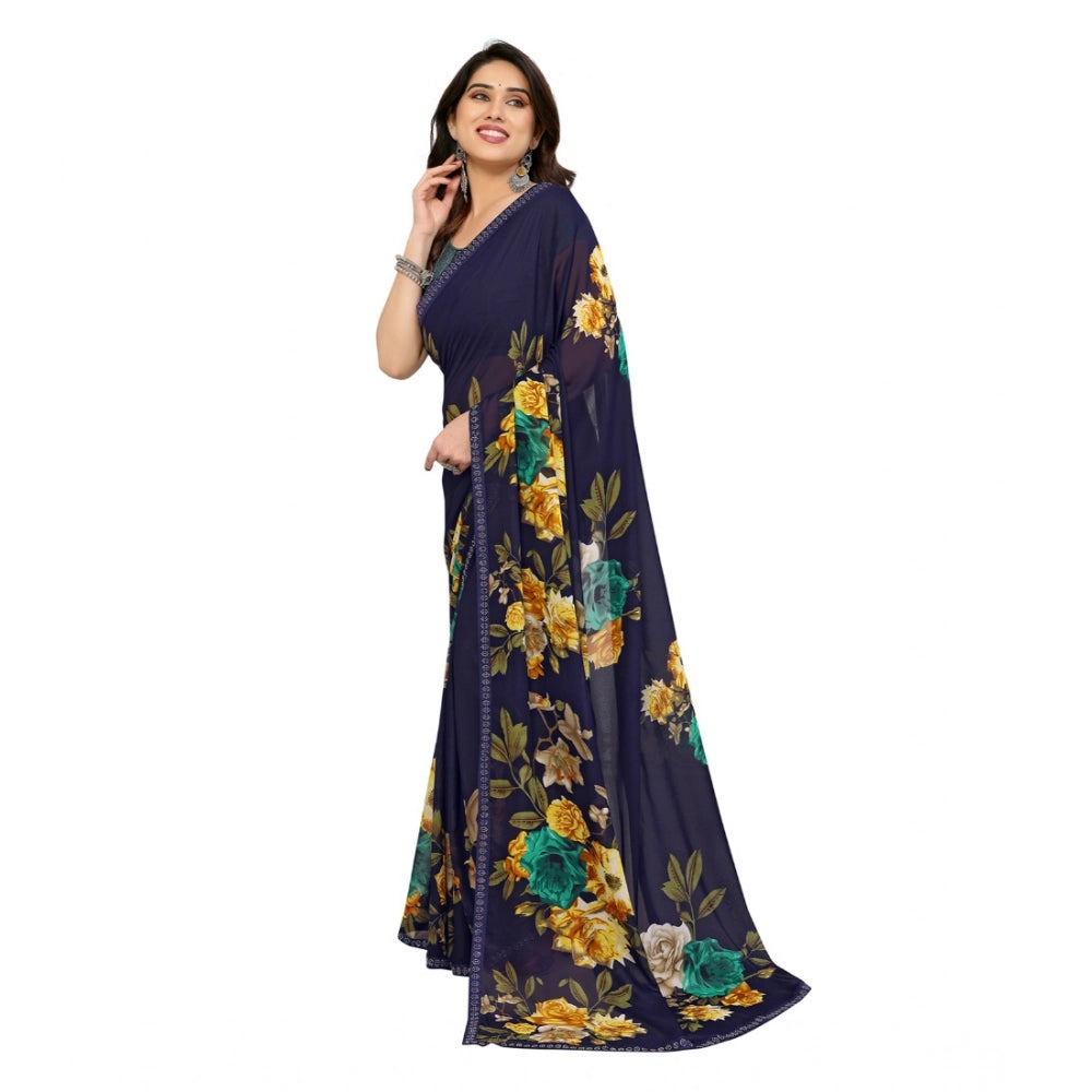 Generic Women's Georgette Printed Saree With Unstitched Blouse 5.5Mtr (Navy Blue)