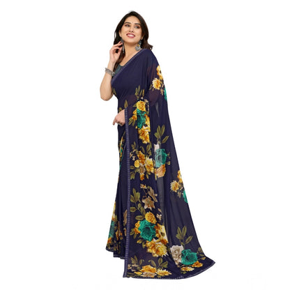 Generic Women's Georgette Printed Saree With Unstitched Blouse 5.5Mtr (Navy Blue)