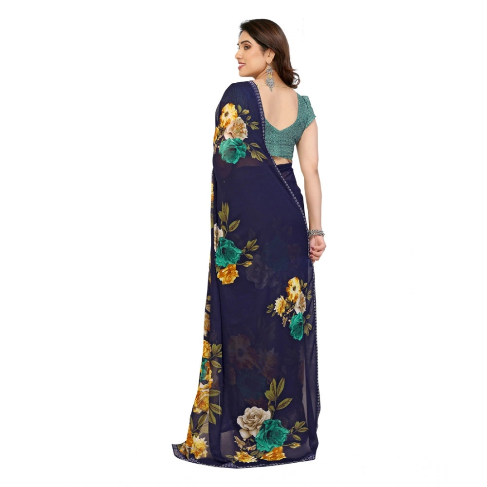 Generic Women's Georgette Printed Saree With Unstitched Blouse 5.5Mtr (Navy Blue)