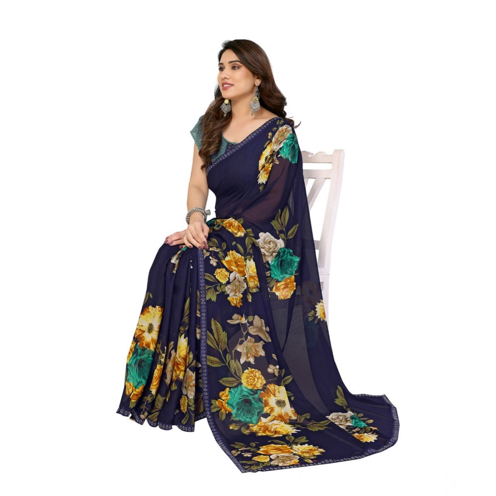 Generic Women's Georgette Printed Saree With Unstitched Blouse 5.5Mtr (Navy Blue)
