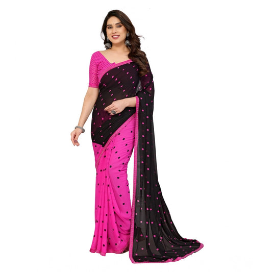 Generic Women's Georgette Printed Saree With Unstitched Blouse 5.5Mtr (Black-Pink)