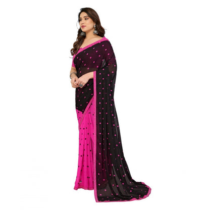 Generic Women's Georgette Printed Saree With Unstitched Blouse 5.5Mtr (Black-Pink)