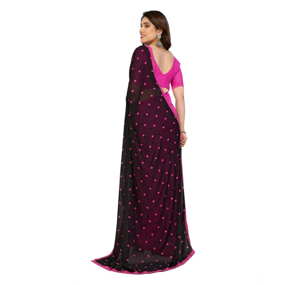 Generic Women's Georgette Printed Saree With Unstitched Blouse 5.5Mtr (Black-Pink)