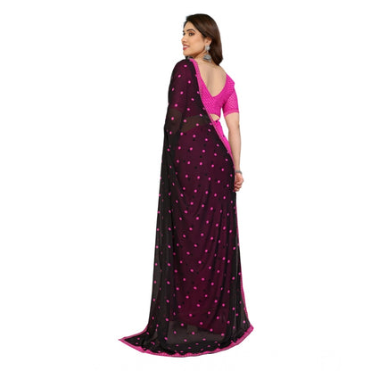 Generic Women's Georgette Printed Saree With Unstitched Blouse 5.5Mtr (Black-Pink)