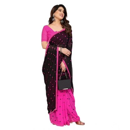 Generic Women's Georgette Printed Saree With Unstitched Blouse 5.5Mtr (Black-Pink)