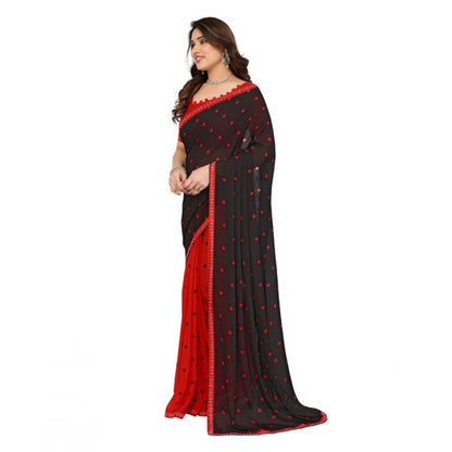 Generic Women's Georgette Printed Saree With Unstitched Blouse 5.5Mtr (Black-Red)