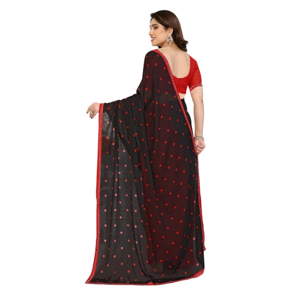 Generic Women's Georgette Printed Saree With Unstitched Blouse 5.5Mtr (Black-Red)