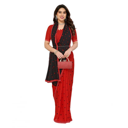 Generic Women's Georgette Printed Saree With Unstitched Blouse 5.5Mtr (Black-Red)
