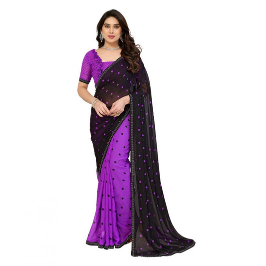 Generic Women's Georgette Printed Saree With Unstitched Blouse 5.5Mtr (Black-Purple)