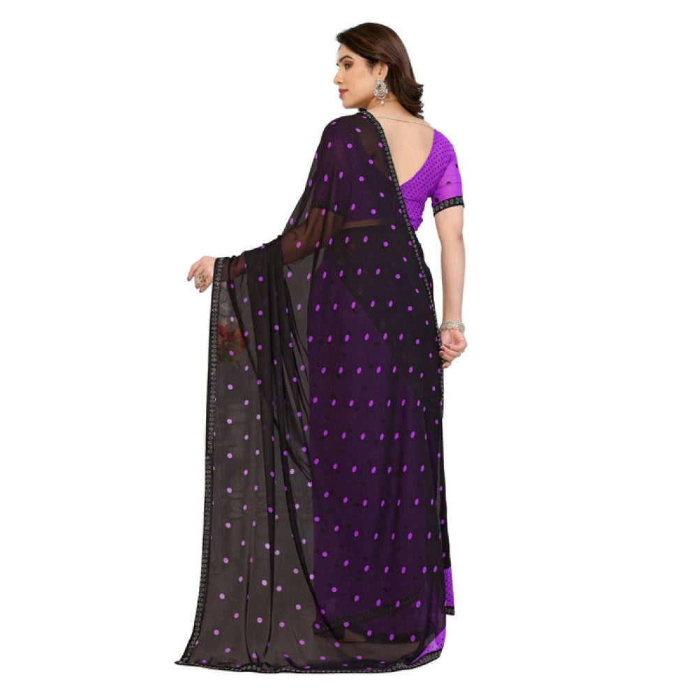 Generic Women's Georgette Printed Saree With Unstitched Blouse 5.5Mtr (Black-Purple)