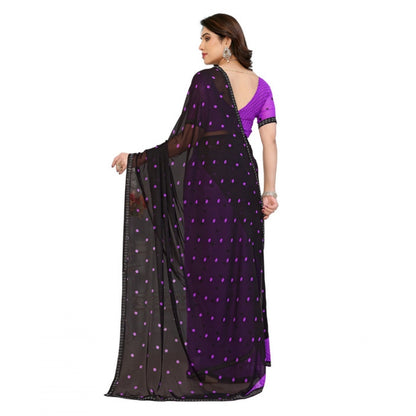 Generic Women's Georgette Printed Saree With Unstitched Blouse 5.5Mtr (Black-Purple)