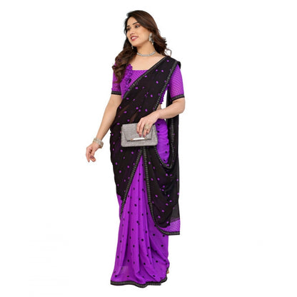 Generic Women's Georgette Printed Saree With Unstitched Blouse 5.5Mtr (Black-Purple)