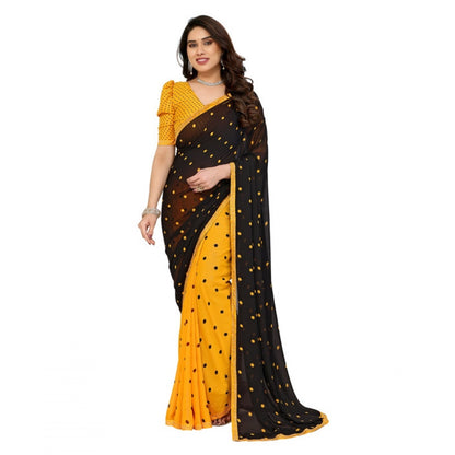 Generic Women's Georgette Printed Saree With Unstitched Blouse 5.5Mtr (Black-Yellow)