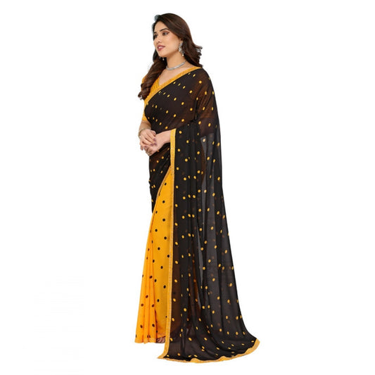 Generic Women's Georgette Printed Saree With Unstitched Blouse 5.5Mtr (Black-Yellow)