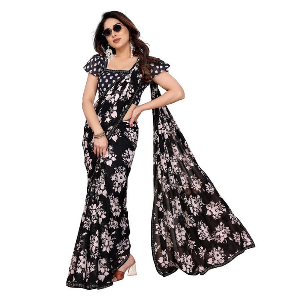 Generic Women's Georgette Printed Saree With Unstitched Blouse 5.5Mtr (Black)