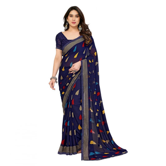 Generic Women's Georgette Printed Saree With Unstitched Blouse 5.5Mtr (Navy Blue)