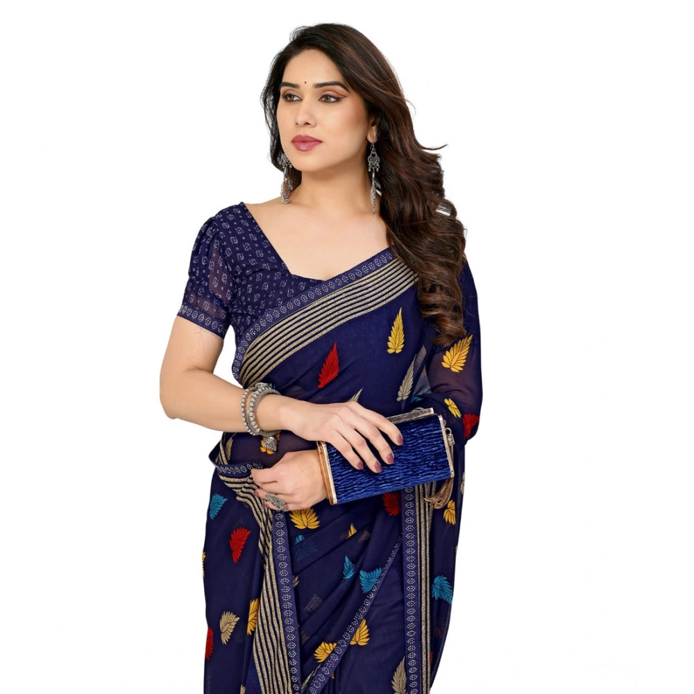 Generic Women's Georgette Printed Saree With Unstitched Blouse 5.5Mtr (Navy Blue)