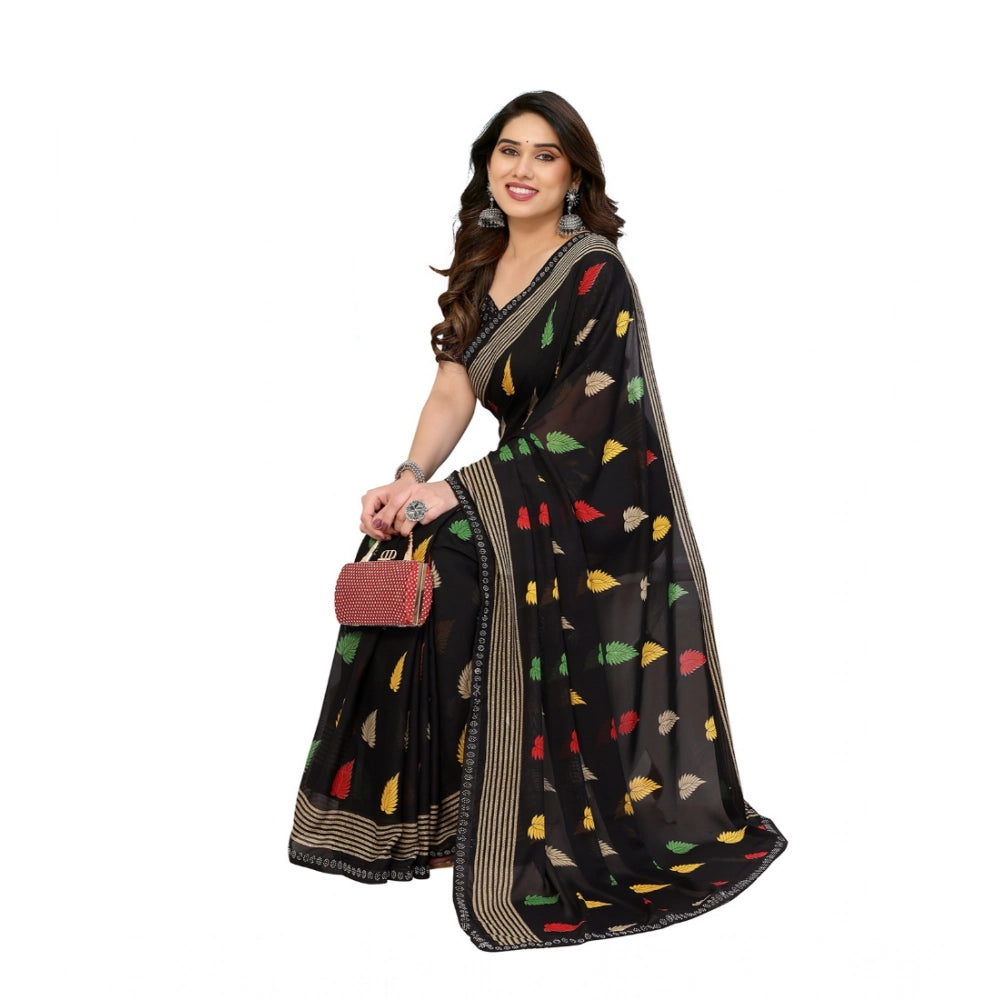 Generic Women's Georgette Printed Saree With Unstitched Blouse 5.5Mtr (Black)