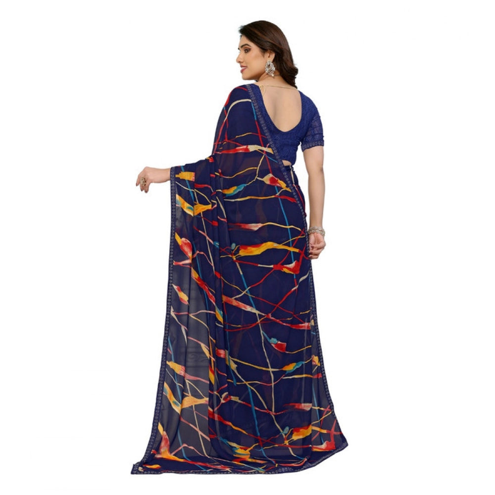 Generic Women's Georgette Printed Saree With Unstitched Blouse 5.5Mtr (Blue)