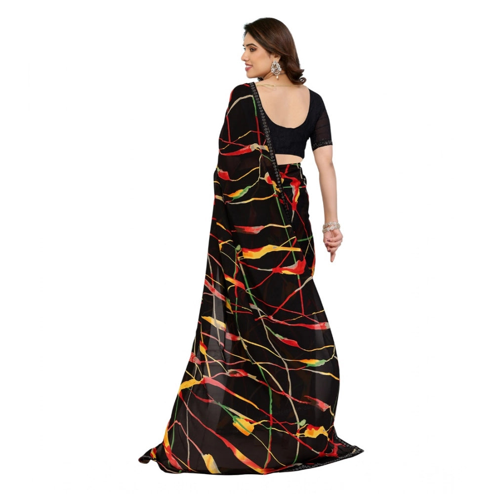 Generic Women's Georgette Printed Saree With Unstitched Blouse 5.5Mtr (Black)