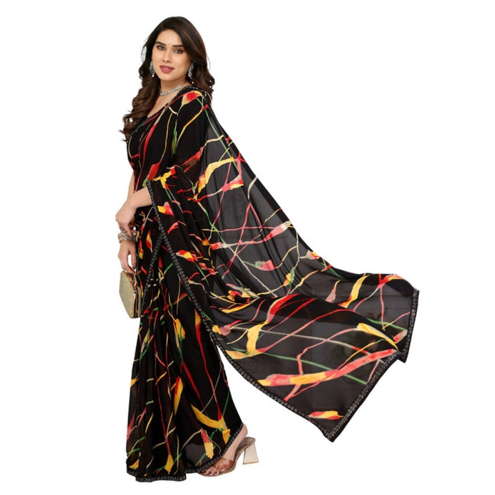 Generic Women's Georgette Printed Saree With Unstitched Blouse 5.5Mtr (Black)