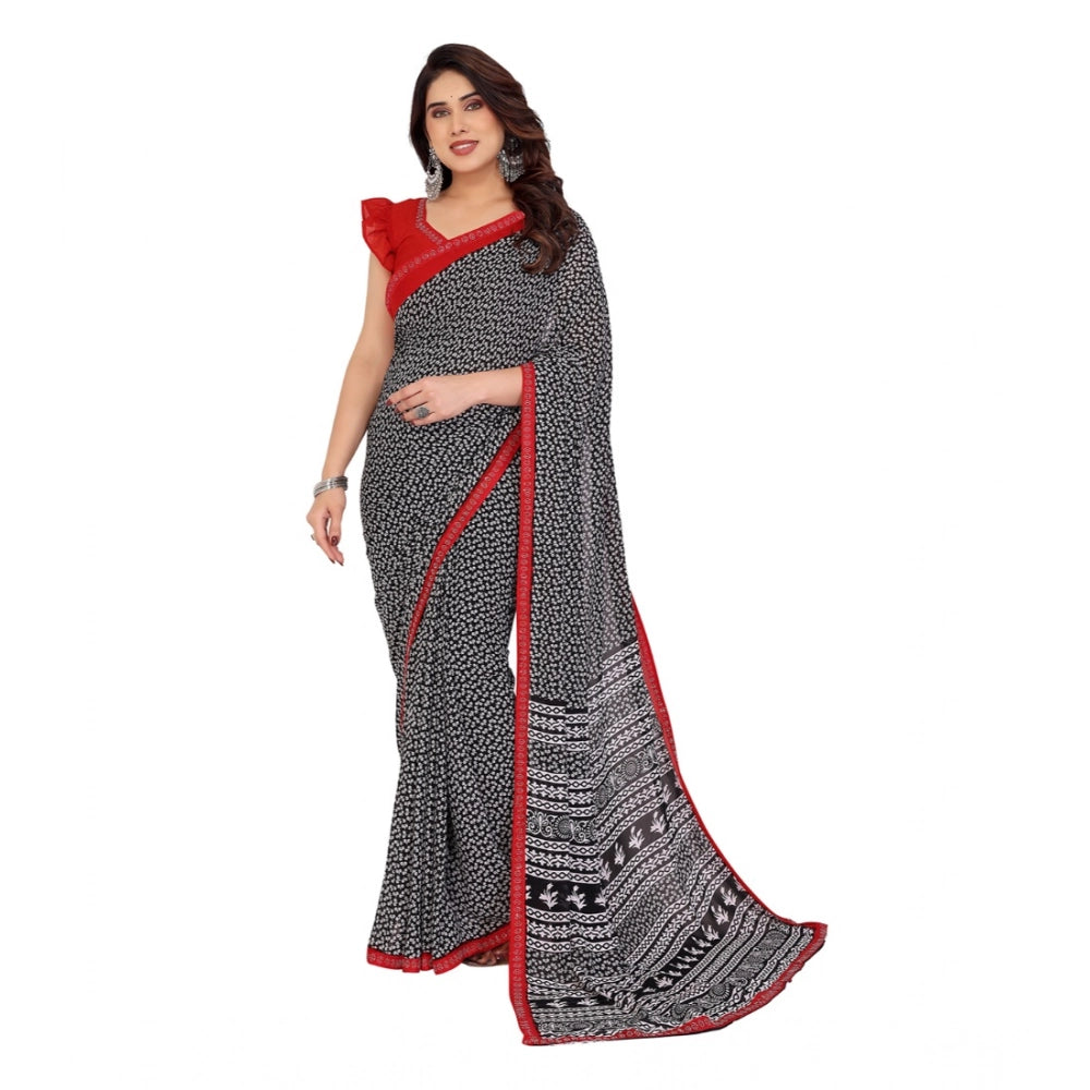 Generic Women's Georgette Printed Saree With Unstitched Blouse 5.5Mtr (Black)