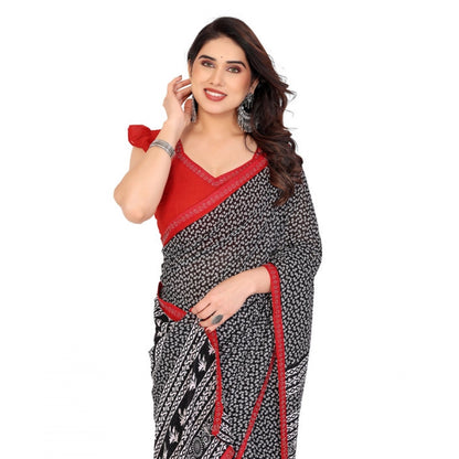 Generic Women's Georgette Printed Saree With Unstitched Blouse 5.5Mtr (Black)