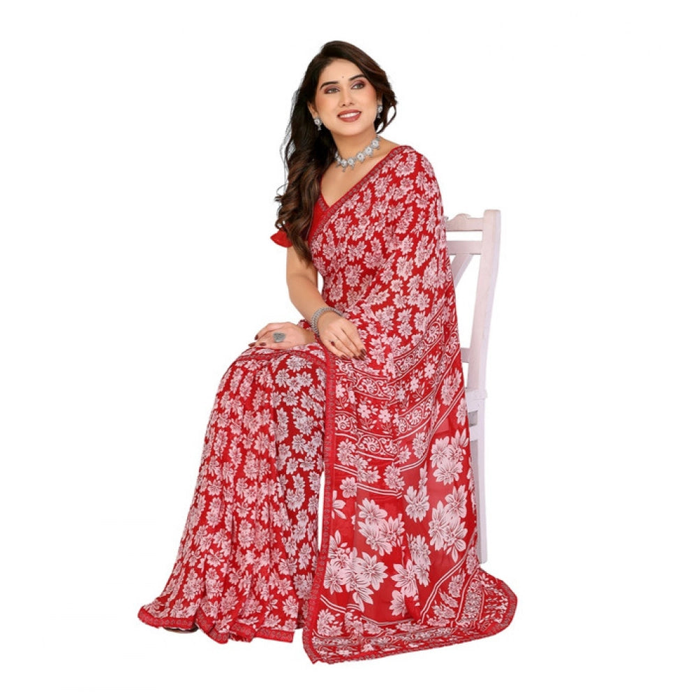 Generic Women's Georgette Printed Saree With Unstitched Blouse 5.5Mtr (Red)
