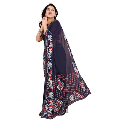 Generic Women's Georgette Printed Saree With Unstitched Blouse 5.5Mtr (Navy Blue)