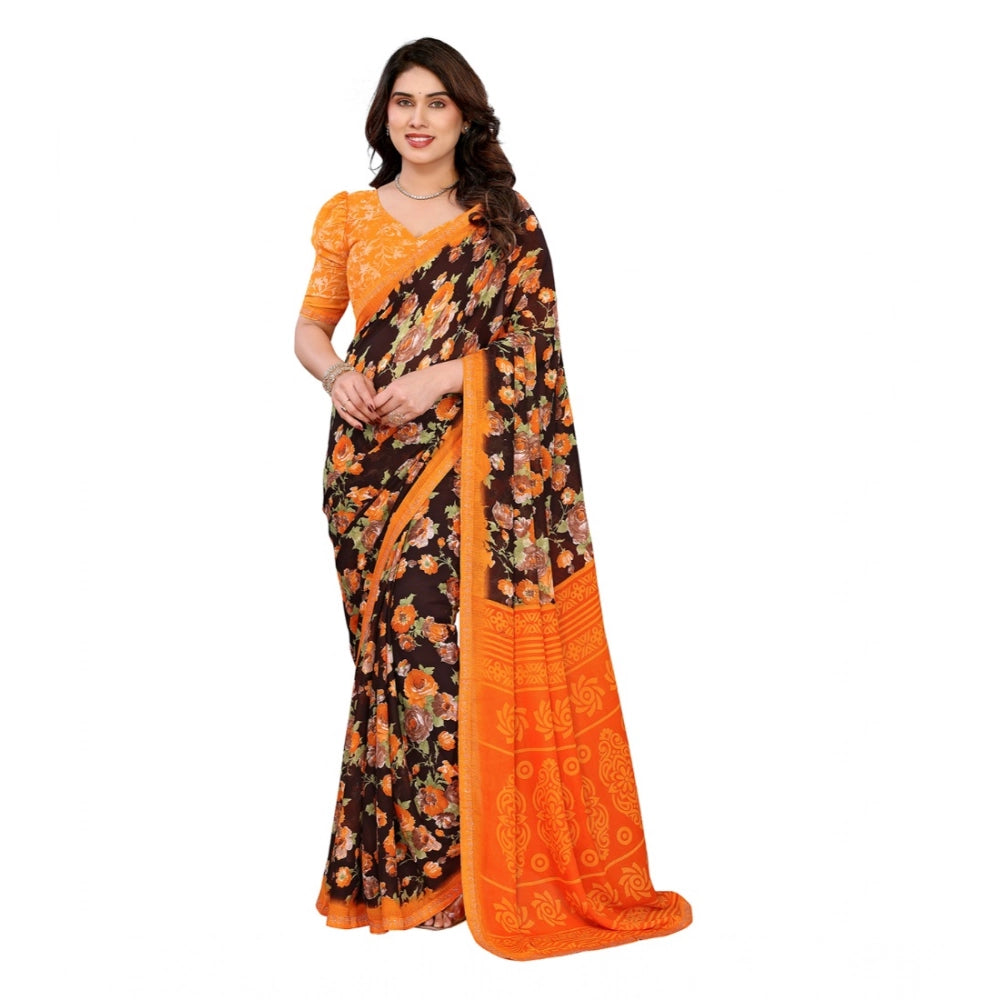 Generic Women's Georgette Printed Saree With Unstitched Blouse 5.5Mtr (Mustard)