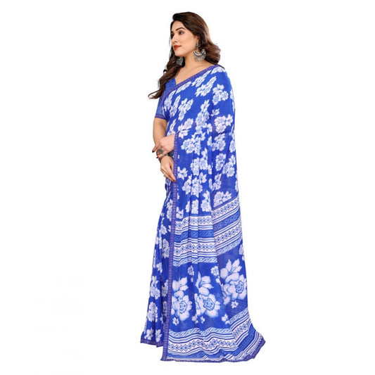 Generic Women's Georgette Printed Saree With Unstitched Blouse 5.5Mtr (Blue)