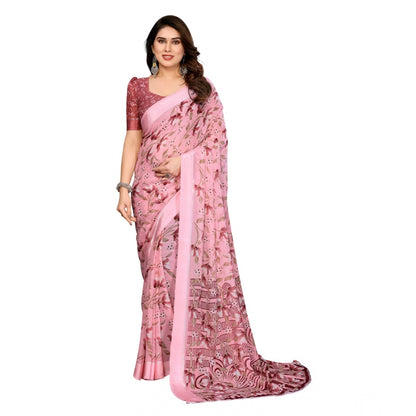 Generic Women's Georgette Printed Saree With Unstitched Blouse 5.5Mtr (Pink)