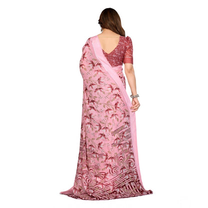 Generic Women's Georgette Printed Saree With Unstitched Blouse 5.5Mtr (Pink)