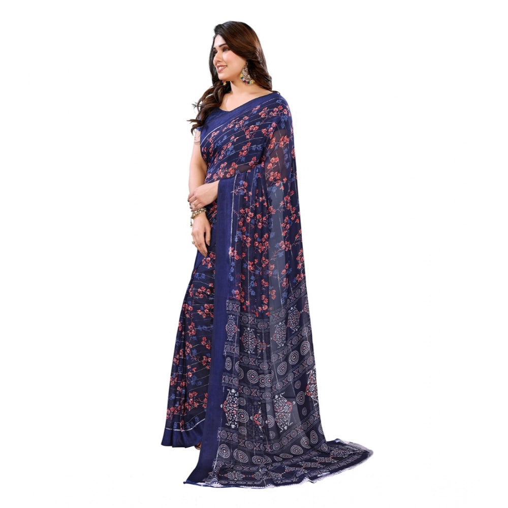 Generic Women's Georgette Printed Saree With Unstitched Blouse 5.5Mtr (Blue)