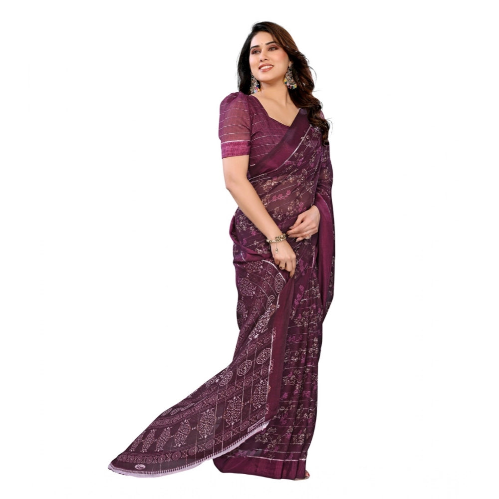 Generic Women's Georgette Printed Saree With Unstitched Blouse 5.5Mtr (Wine)