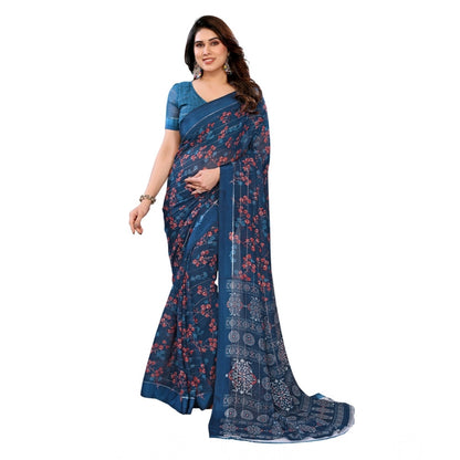 Generic Women's Georgette Printed Saree With Unstitched Blouse 5.5Mtr (Blue)