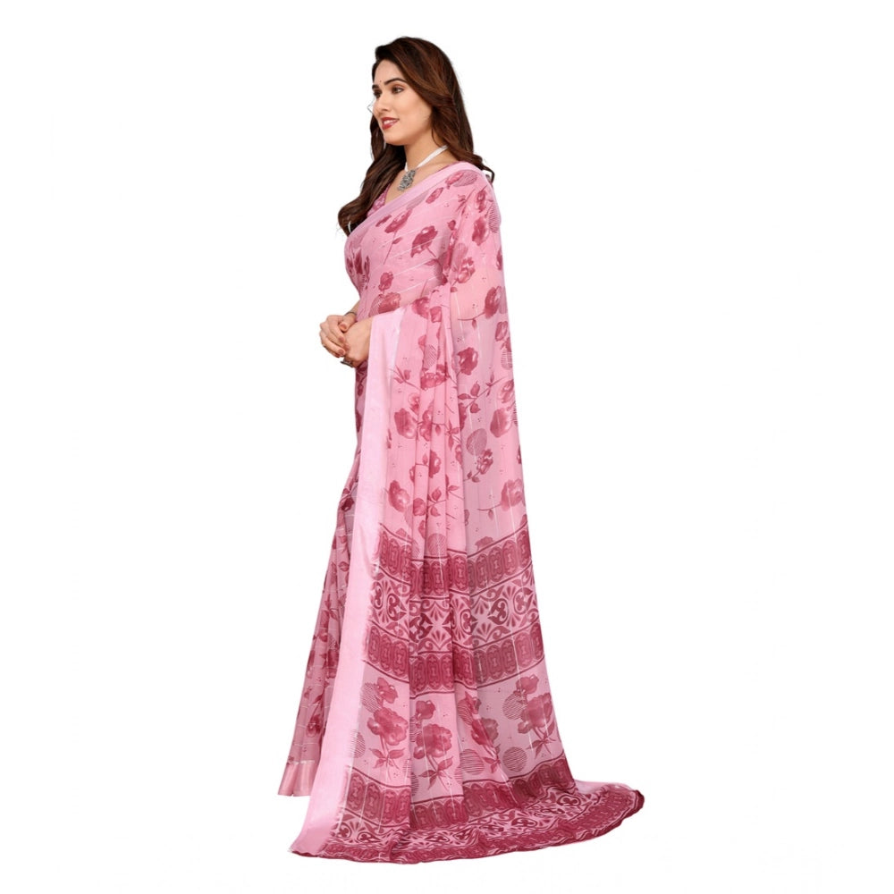 Generic Women's Georgette Printed Saree With Unstitched Blouse 5.5Mtr (Pink)