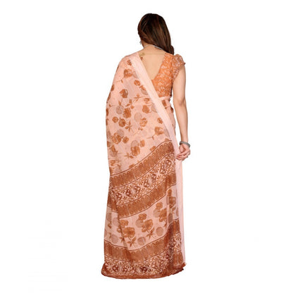 Generic Women's Georgette Printed Saree With Unstitched Blouse 5.5Mtr (Brown)