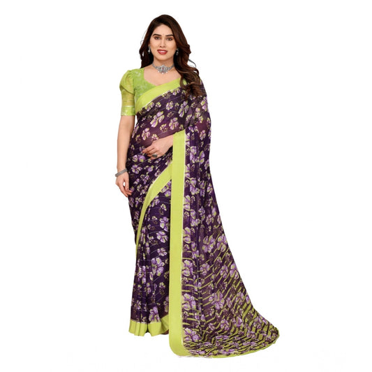 Generic Women's Georgette Printed Saree With Unstitched Blouse 5.5Mtr (Purple)