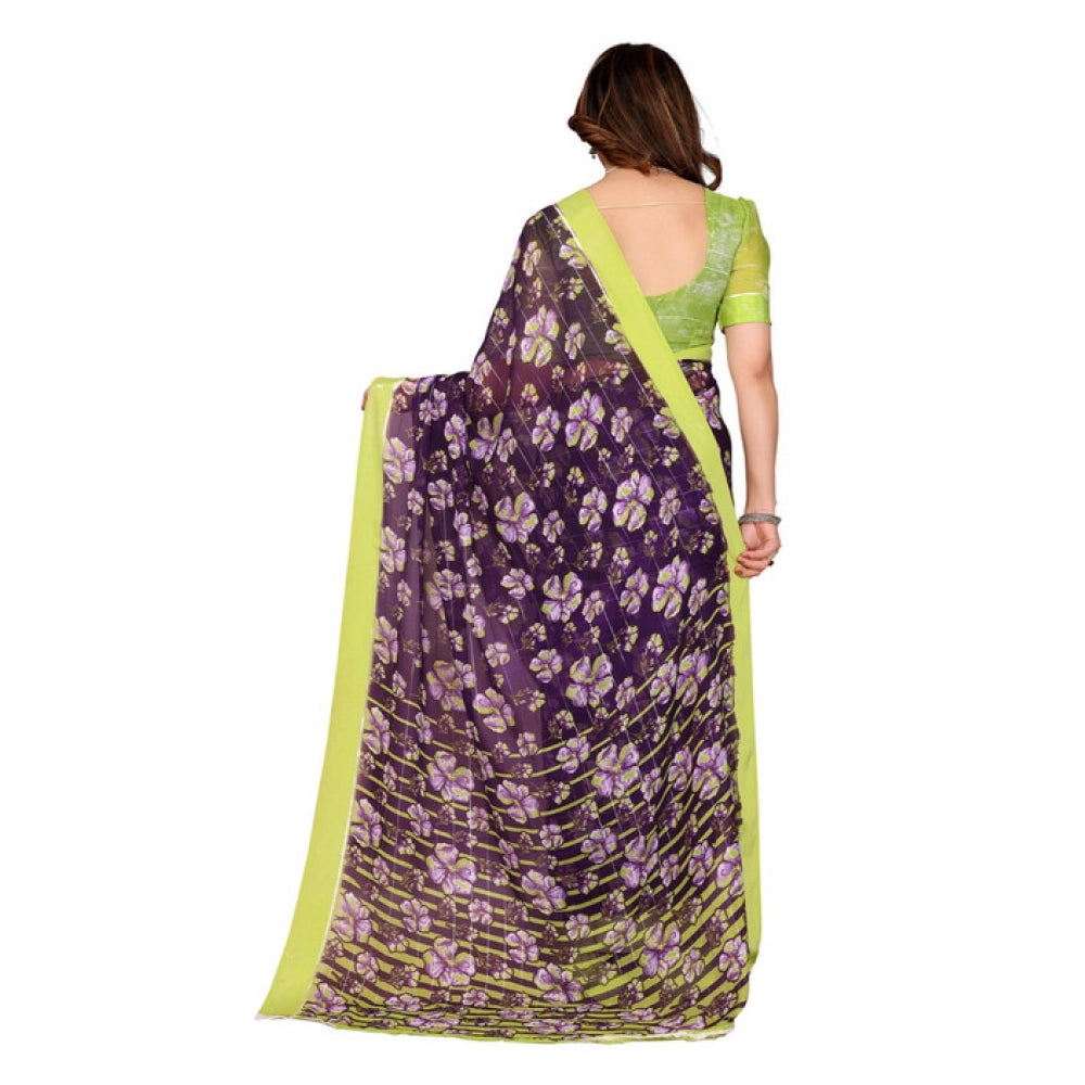 Generic Women's Georgette Printed Saree With Unstitched Blouse 5.5Mtr (Purple)