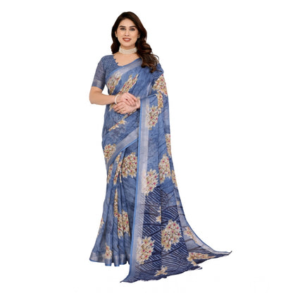 Generic Women's Georgette Printed Saree With Unstitched Blouse 5.5Mtr (Blue)