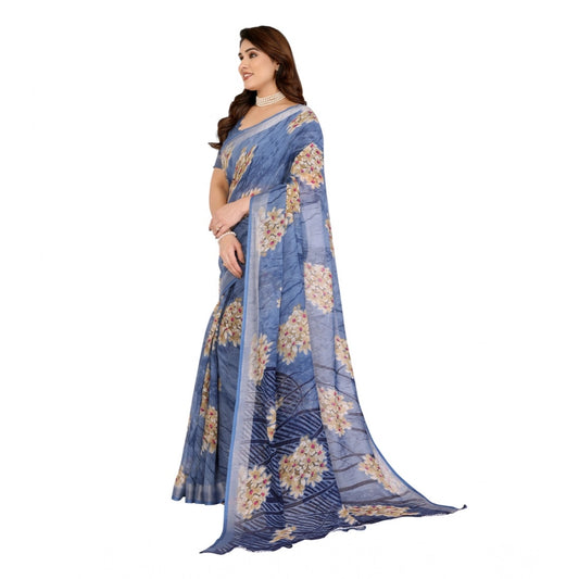 Generic Women's Georgette Printed Saree With Unstitched Blouse 5.5Mtr (Blue)