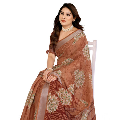 Generic Women's Georgette Printed Saree With Unstitched Blouse 5.5Mtr (Brown)