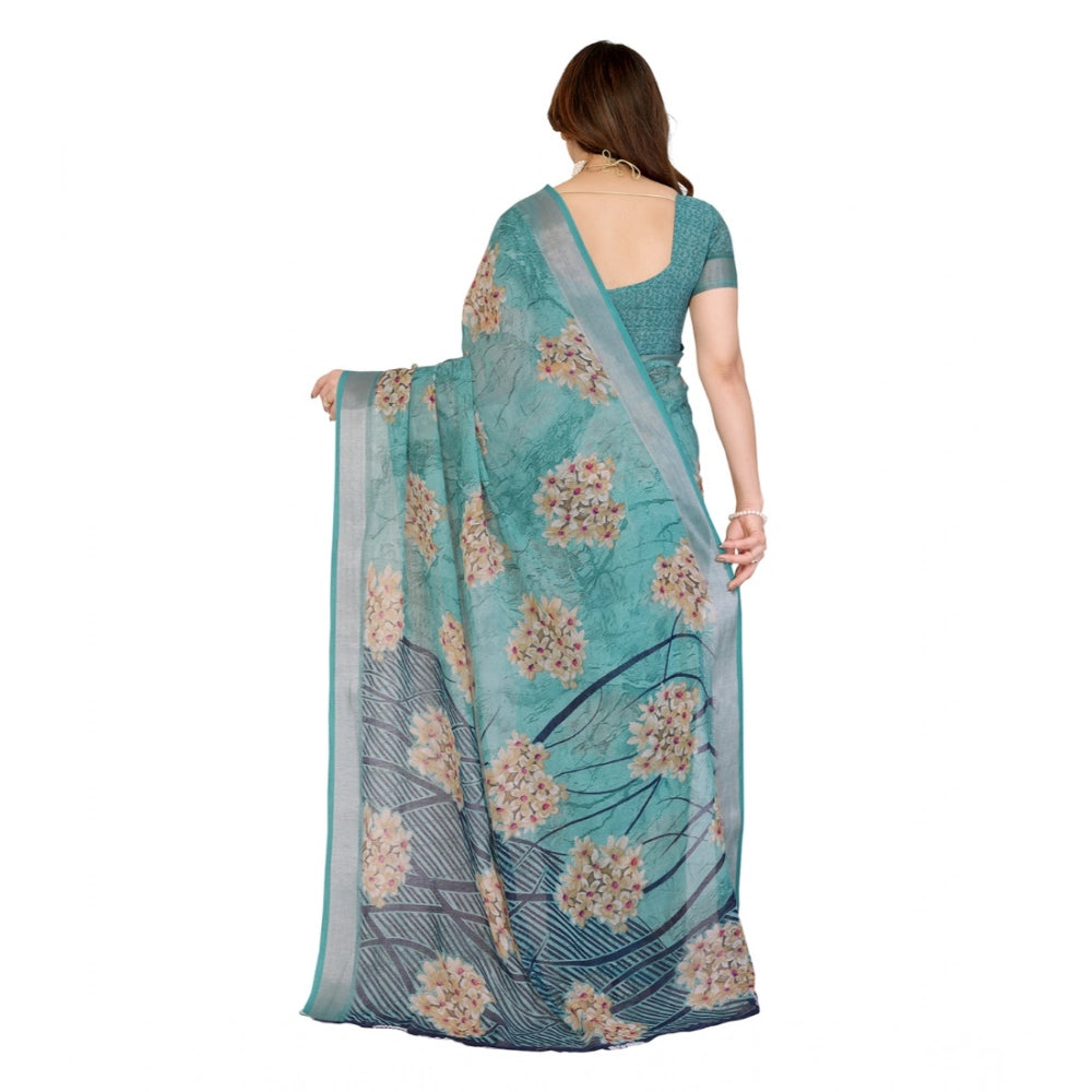 Generic Women's Georgette Printed Saree With Unstitched Blouse 5.5Mtr (Turquoise Green)